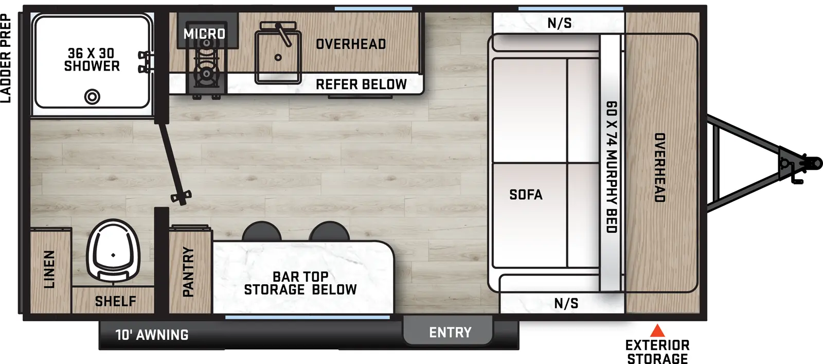 The 15RBX has zero slideouts and one entry. Exterior features storage, 10 foot awning, and ladder prep. Interior layout front to back: murphy bed sofa with overhead cabinet and nightstands on each side; off-door side kitchen counter with sink and cooktop, refrigerator below, and overhead cabinet with microwave; door side entry, bar top with storage below and stools, and pantry; rear bathroom with shower, toilet, linen cabinet, and shelf only.